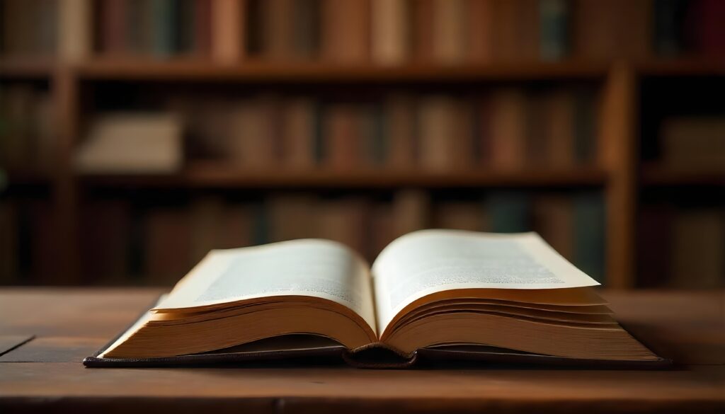 An elegant and cozy scene for a website header of a literary magazine. The focus is on an open book resting on a wooden table, with its pages slightly curved and text softly illuminated by warm light. In the background, a blurred bookshelf filled with books of various sizes and colors creates depth and texture. The overall ambiance is warm and inviting, with earthy tones like rich brown, beige, and hints of gold. The perspective is slightly angled, capturing the book as the centerpiece while the bookshelf softly fades into the background. The image is horizontal, designed for a website header, with ample space for overlaying text or a logo