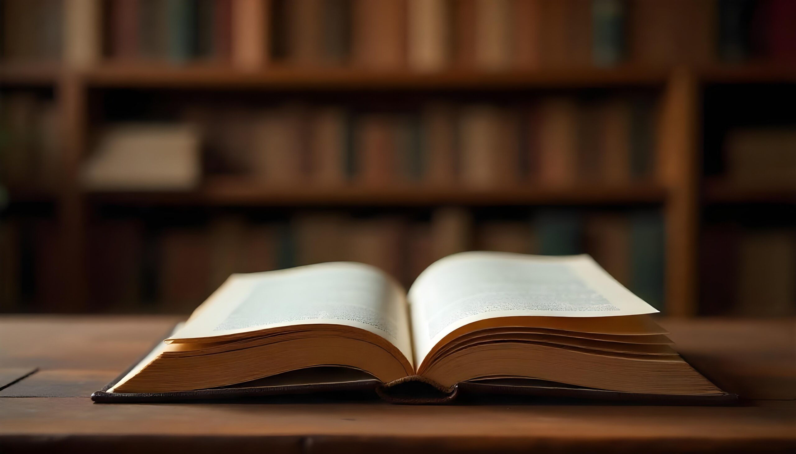An elegant and cozy scene for a website header of a literary magazine. The focus is on an open book resting on a wooden table, with its pages slightly curved and text softly illuminated by warm light. In the background, a blurred bookshelf filled with books of various sizes and colors creates depth and texture. The overall ambiance is warm and inviting, with earthy tones like rich brown, beige, and hints of gold. The perspective is slightly angled, capturing the book as the centerpiece while the bookshelf softly fades into the background. The image is horizontal, designed for a website header, with ample space for overlaying text or a logo